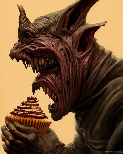 Image similar to closeup profile face portrait of a medieval goblin eating cakes in the cathedral, beautiful face, hyper realistic, highly detailed, digital painting, artstation, illustration, concept art by hyung tae, frank frazetta, bosch, giger, digital paint, matte paint, washed colors, dark, gloomy, detailed and intricate environment