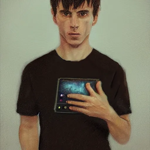 Image similar to Portrait of a man by Greg Rutkowski, he is about 20 years old, mixture between french ans spanish, short brown hair with bangs, manly, attractive, wide forehead, sturdy, he is horrified but resigned looking at the computer screen knowing the schedule for the second semester, he is wearing a black t-shirt, highly detailed portrait, digital painting, artstation, concept art, smooth, sharp foccus ilustration, Artstation HQ