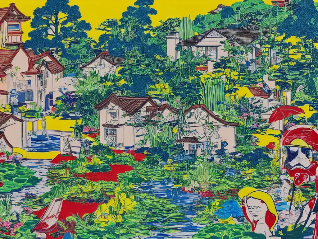 Prompt: close - up image of a house with a garden, a pond in the garden, startroopers are sitting around it, a combination of pop art and traditional japanese painting styles, the style of andy warhol, roy lichtenstein and jackie tsai, bright palette, acrylic on canvas