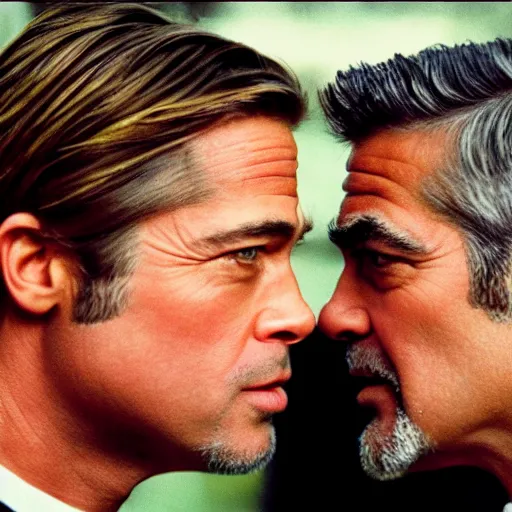 Prompt: a still of Brad Pitt and George Clooney facing each other. Brad on left George on right. Neutral expression. Close up shot, detailed. Professional photography.