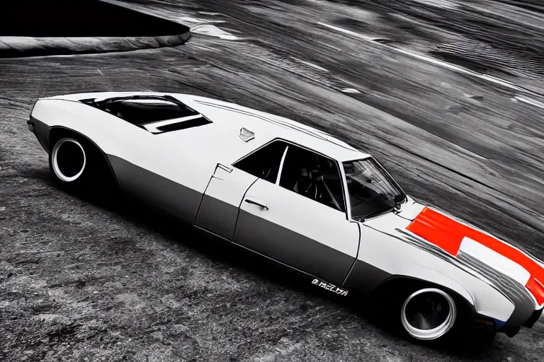 Image similar to audi camaro b 1 ( 1 9 6 9 ) drifting, need for speed : carbon, neon lines, ultra phonk, phonk music background, smoke behind wheels, noise, dark, establishing shot