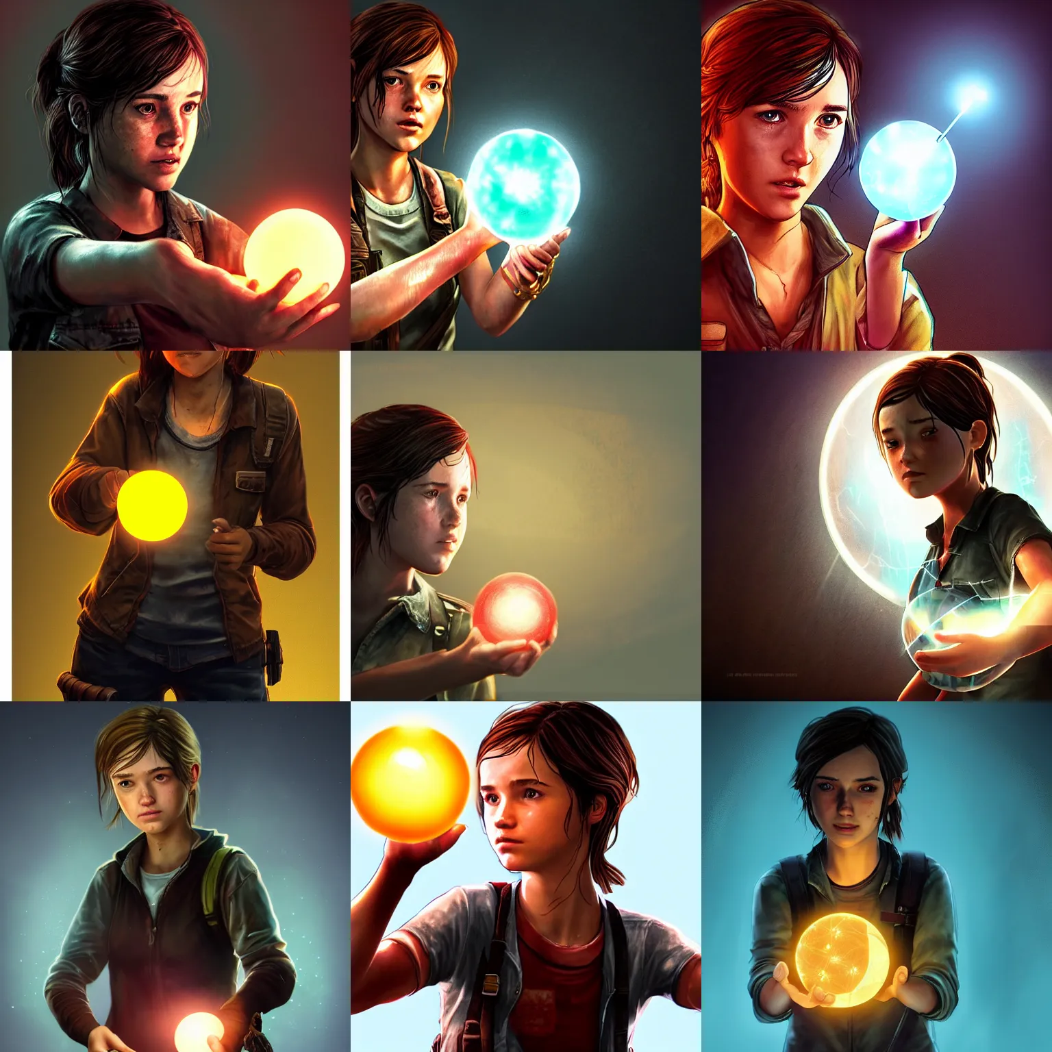 Prompt: Ellie from the Last of Us as a mage, holding a magical glowing energy ball, digital art, trending on ArtStation