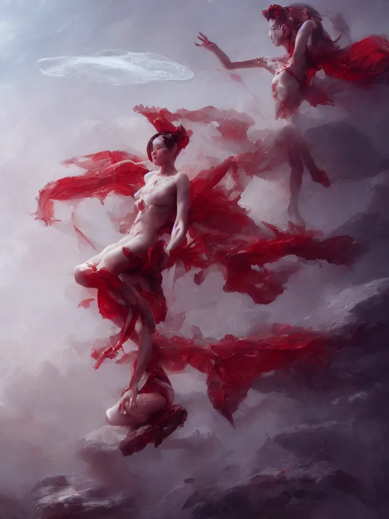 Prompt: expressive full body photo beautiful nymph floating above the permafrost in a cloud of red ether, 3 d render, hyper realistic detailed portrait, ruan jia, wlop. scifi, fantasy, hyper detailed, decolletage, confident pose, octane render, concept art, peter mohrbacher