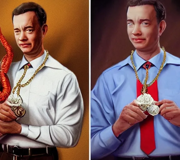 Image similar to Tom hanks as forrest gump wearing a necklace made out of shrimps, realistic face, digital art, in the style of Raphael Lacoste, amazing detail, artstation