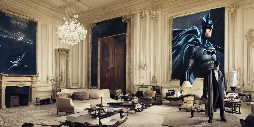 Image similar to Batman standing in giant Italian modern castle living room, clean minimalist design, that is 1300 feet tall, with very tall giant walls filled with modern art paintings, doors that are cosmic portals, photo by Annie Leibovitz