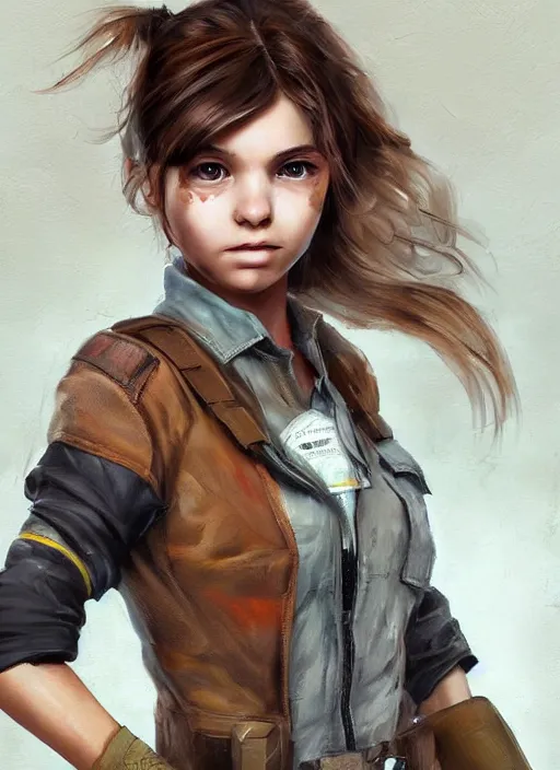 Prompt: a portrait digital painting of a young girl with hazel - brown hair. post - apocalyptic clothing. she's wearing a mechanics uniform and has been working on some large machinery. painted by artgerm, ross tran.