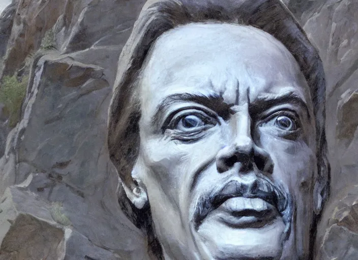 Prompt: a highly detailed beautiful portrait of the face of steve buscemi carved in a stone mountain, by gregory manchess, james gurney, james jean