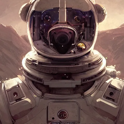 Image similar to detailed science - fiction character portrait of a grizzly bear space robot suit, intricate, wild, highly detailed, digital painting, artstation, concept art, smooth, sharp focus, illustration, art by artgerm and greg rutkowski and alphonse mucha