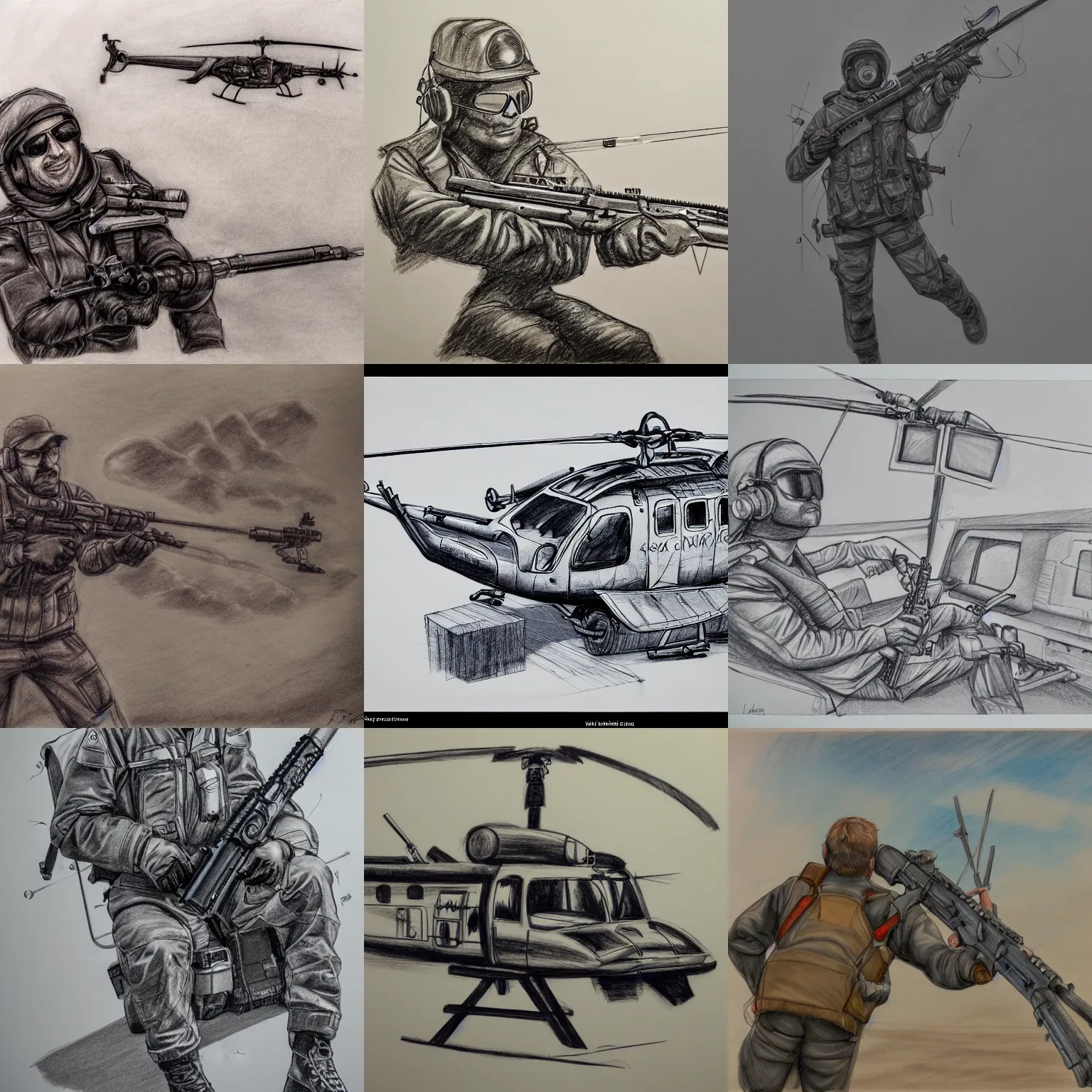 Prompt: in the helicopter a hunter is sittiing with big gun in the hand. coherent. drawing, sketch, high detail, 8 k