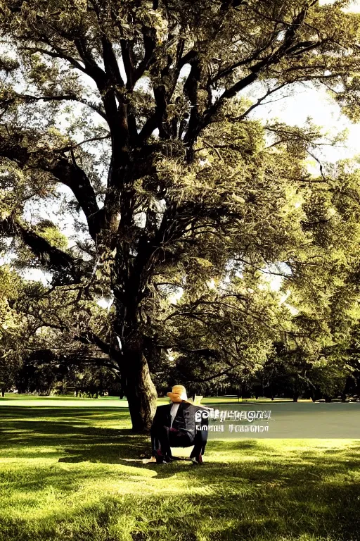 Image similar to a detective from the 5 0's, sitting in a park under a big tree