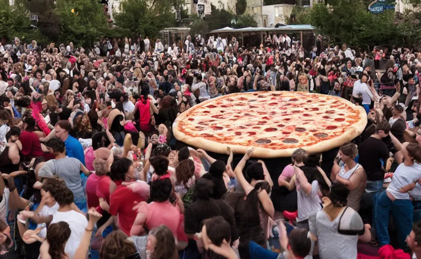 Image similar to a crowd of people dancing in a party around a giant pizza,