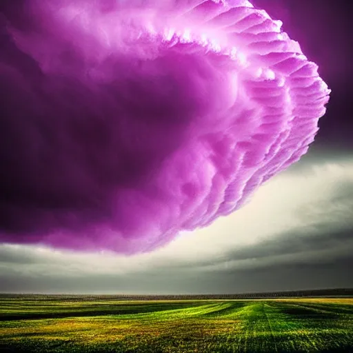 Image similar to amazing photo of purple clouds in the shape of a tornado, digital art, beautiful dramatic lighting