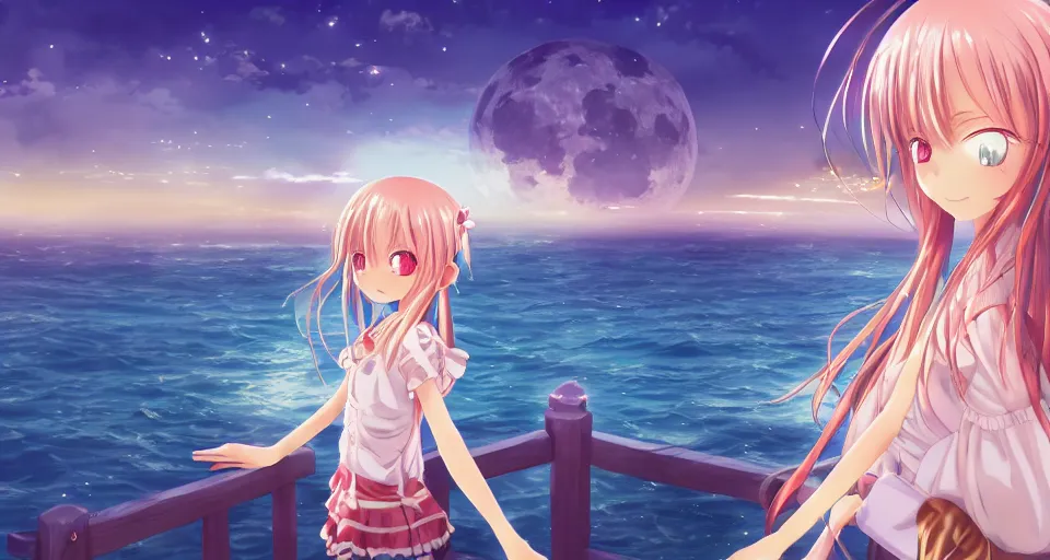 Prompt: one anime girl standing on a pier with the ocean as background at twilight, her blue shiny detailed eyes are looking at the camera, cute, big moon above the water, colorful, magical, detailed face, small nose and mouth, 8k, based on Puella Magi Madoka Magica