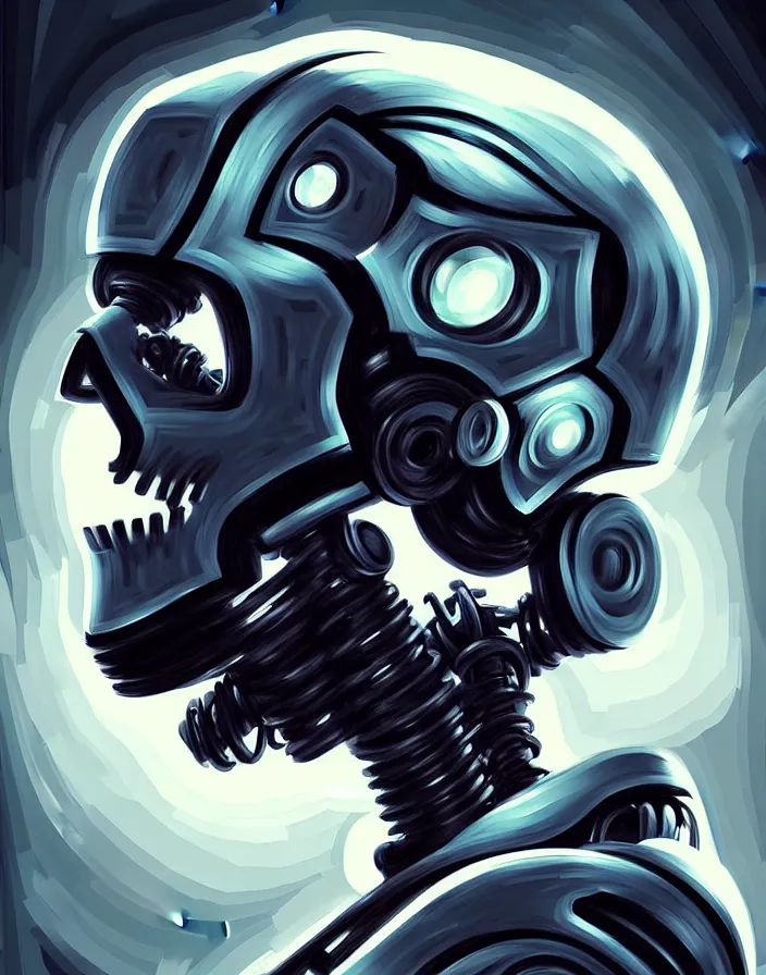 Image similar to skull - headed robot cyborg painting, illutstration, concept art, cyberpunk, futurism, comics art, artgerm, full body shot, wide angle