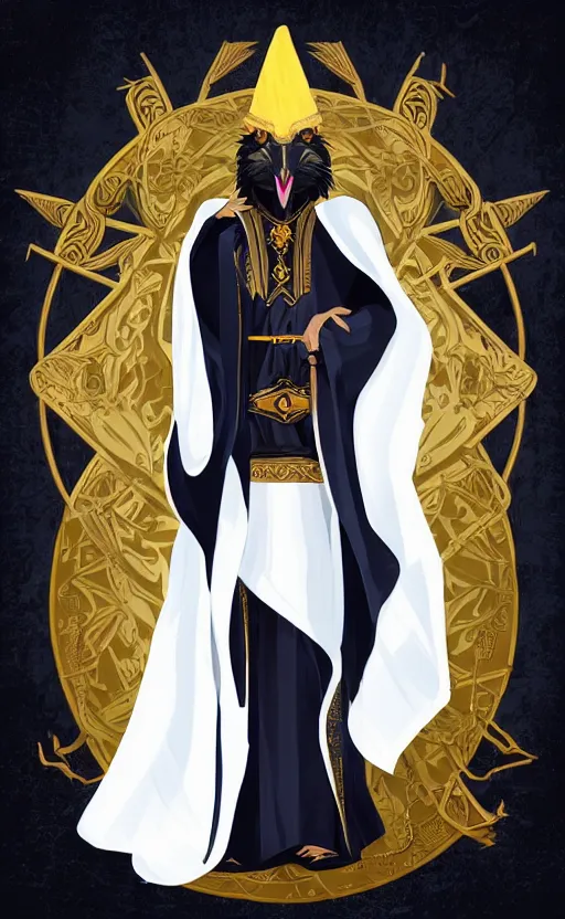 Image similar to raven headed male warlock doing wind magic, white and gold robes, exquisite details, full body character design on a white background, by studio muti