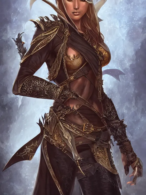 Image similar to full body portrait of a female elven pirate, character design, correct anatomy, concept art, digital illustration, ray tracing, ultra detailed, fantasy, intricate and highly detailed, coloured with lots of colour, pose, fantasy, sharp focus,