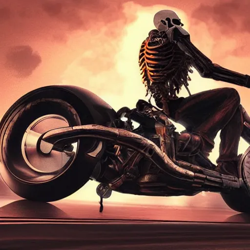 Prompt: a cool skeleton riding a harley davis motorcycle wearing a leather jacket and smoking a cigar, cyberpunk aesthetic, digital art, trending on artstation