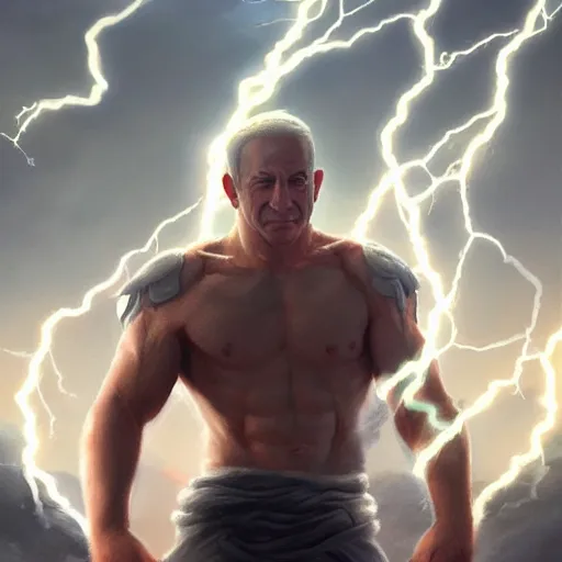 Prompt: benjamin netanyahu as the greek god of lightning, shooting lightning from hands, highly detailed, ultra clear, by artgerm and greg rutkowski