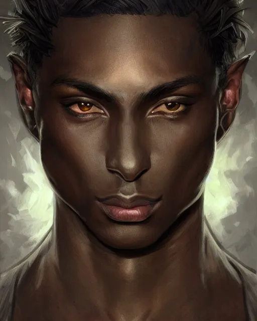 Image similar to portrait of a handsome male dark elf, dark skin, fantasy, intricate, elegant, highly detailed, digital painting, artstation, concept art, sharp focus, illustration, art by artgerm and greg rutkowski and alphonse mucha