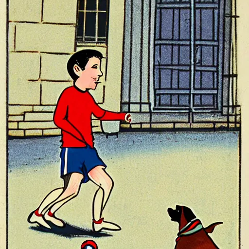 Image similar to book illustration of a french boy on the streets of paris playing football against a corgi, the dog is wearing a polka dot scarf, 1 9 6 6