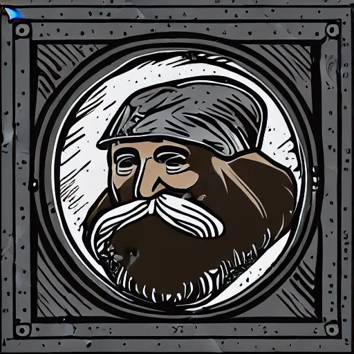 Prompt: bearded man using woodlathe, machinery, sawblade border, vector art, simple, clean, monochromatic, woodturning