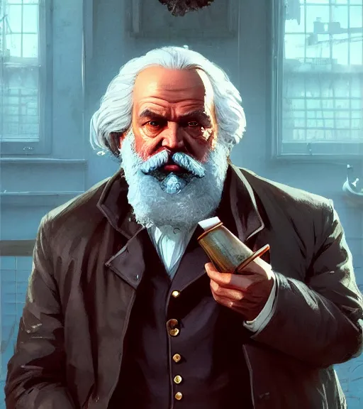 Image similar to highly detailed portrait karl marx as buff gangsters holding gums in gta v, stephen bliss, unreal engine, fantasy art by greg rutkowski, loish, rhads, ferdinand knab, makoto shinkai and lois van baarle, ilya kuvshinov, rossdraws, tom bagshaw, global illumination, radiant light, detailed and intricate environment