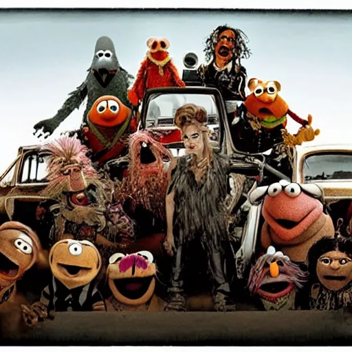 Prompt: Muppets in Mad Max, group photo by Annie Liebowitz