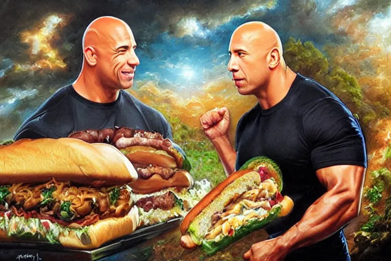 Image similar to portrait of vin diesel and dwayne the rock johnson sharing a footlong sub sandwich, an oil painting by ross tran and thomas kincade