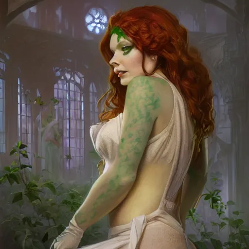 Image similar to a beautiful and detailed matte painting of poison ivy dressed as a hospital nurse, fantasy, d & d, dark eyeliner, intricate, elegant, highly detailed, digital painting, artstation, concept art, matte, sharp focus, illustration, art by greg rutkowski and alphonse mucha