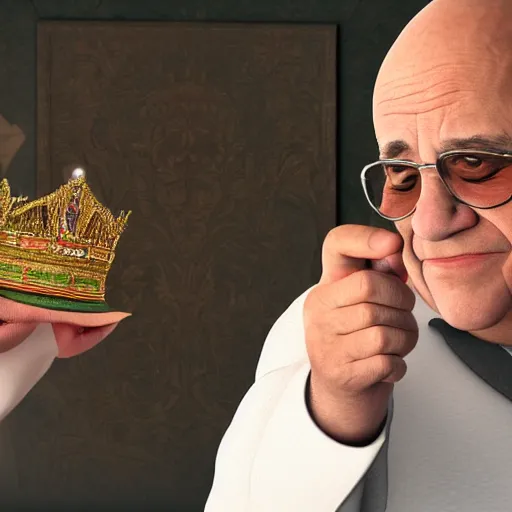 Prompt: Danny Devito flipping off the Queen | highly detailed, global illumination, trending on art station, ray tracing, 4k, 8k |