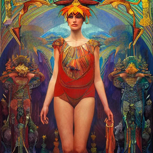 Image similar to goddess of the future city, by Annie Swynnerton and Diego Rivera and Tino Rodriguez and Maxfield Parrish, elaborate headdress and embroidered velvet, iridescent beetles, rich color, dramatic cinematic lighting, extremely detailed