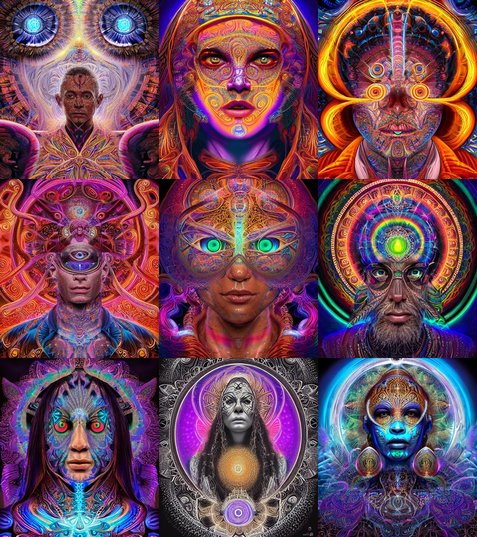 Image similar to a intricate ornate psychedelic image of a shaman with a glowing third eye, digital art by artgerm, alex grey, dan mumford, felix kelly, psychedelic art, psychedelic, fractalism, fractals, sacred geometry, trending on artstation, hyper realism, highly detailed, cgsociety, octane render, raytracing, 3 d