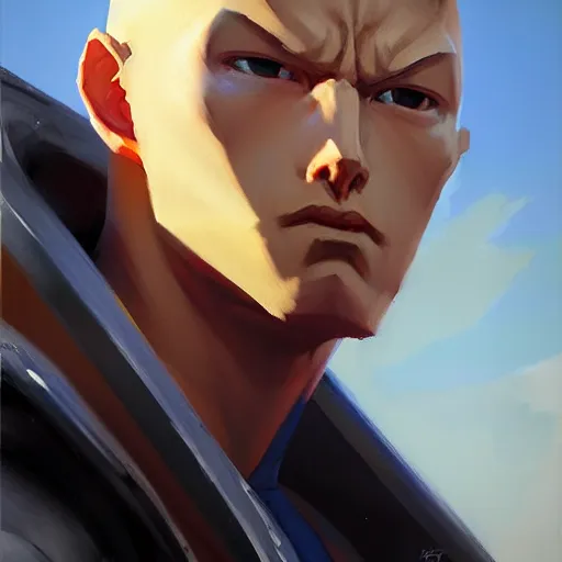 Image similar to Greg Manchess portrait painting of Saitama as Overwatch character, medium shot, asymmetrical, profile picture, Organic Painting, sunny day, Matte Painting, bold shapes, hard edges, street art, trending on artstation, by Huang Guangjian and Gil Elvgren and Sachin Teng