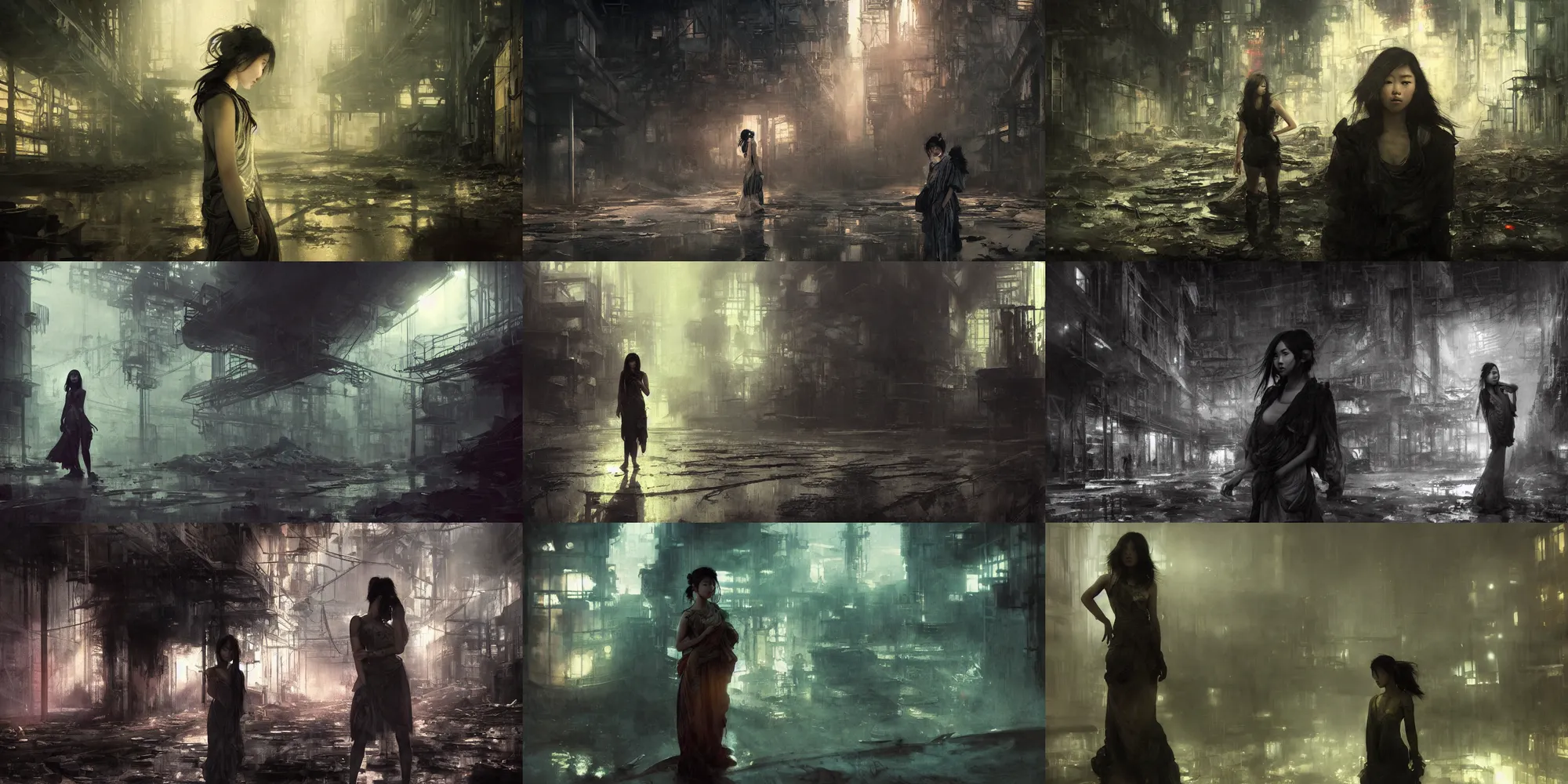 Prompt: a beautiful young asian woman in abandoned industrial city at night, post - apocalyptic, dark moody lighting, by jeremy mann and alphonse mucha, dramatic lighting, ethereal, stunning, breathtaking, awe - inspiring award - winning, 8 k