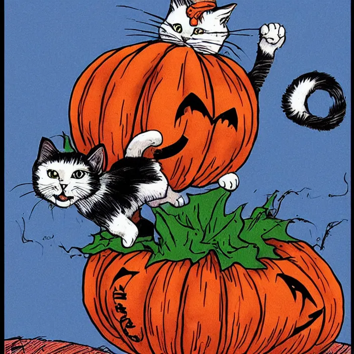 Prompt: cat jumping out of a pumpkin by todd mcfarlane and tim burton