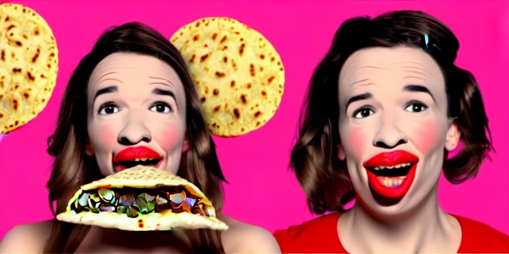 Image similar to old distorted camcorder video of miranda sings holding a taco, multiple poses, video still from miranda sings youtube videos