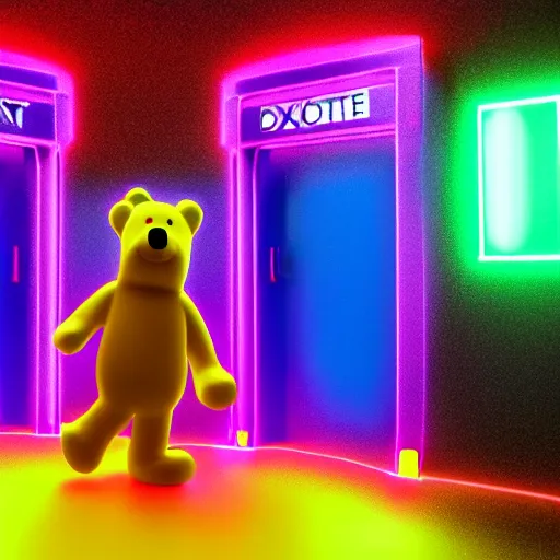 Prompt: neon palette, Pudsey Bear stepping out of the tardis, ridley scott universe, mysterious, ultrarealistic, cinematic lighting, 4k, wide angle, trending on artstation