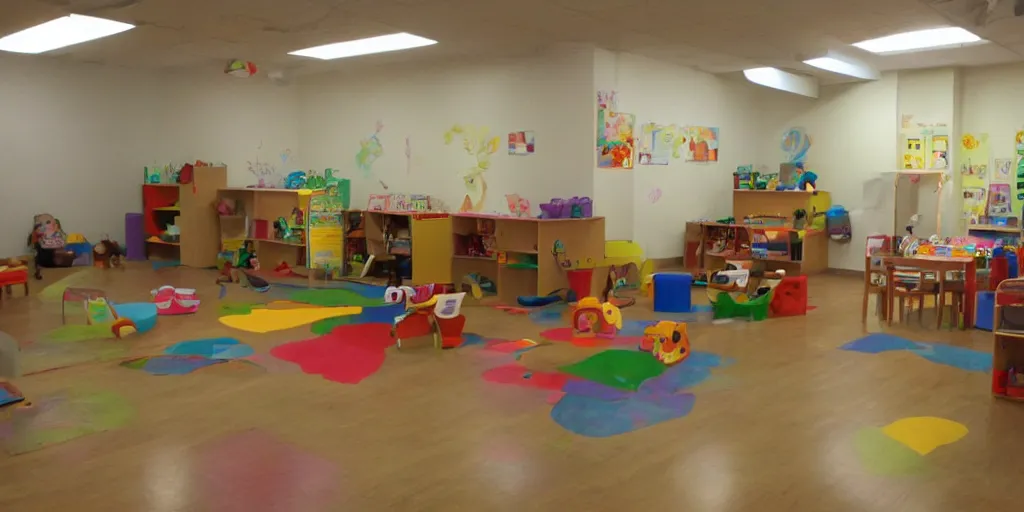 Image similar to childrens daycare indoors limital space, dimly lit, creepy photo