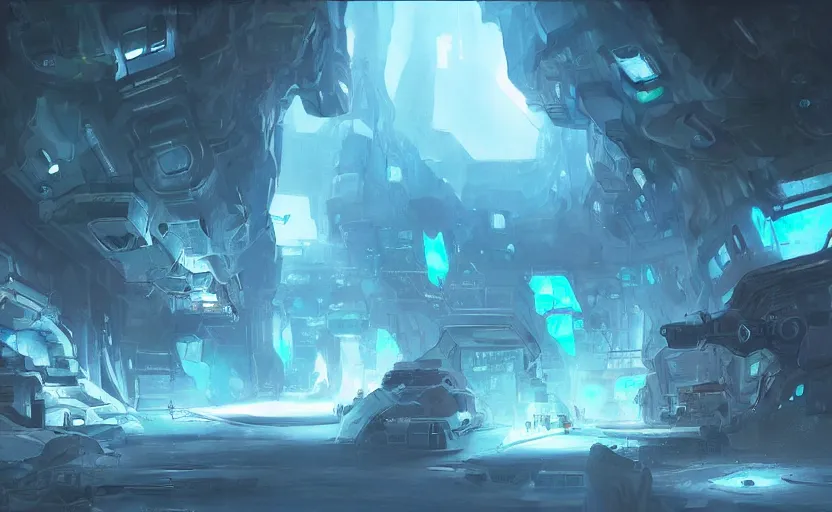 Image similar to futuristic factory in a dark cave, blue crystals, concept art by frank hong, mate painting, artstation