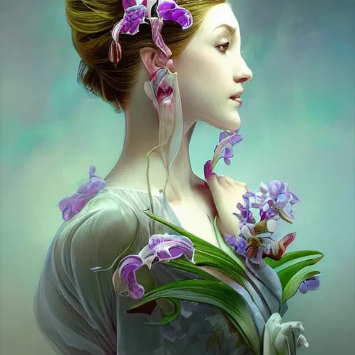 Image similar to a photograpic portrait of a anthropomorphic orchid wearing white clothes, iridescent colors, fantasy, intricate, elegant, highly detailed, digital painting, artstation, concept art, smooth, sharp focus, illustration, art by artgerm and H R Giger and alphonse mucha