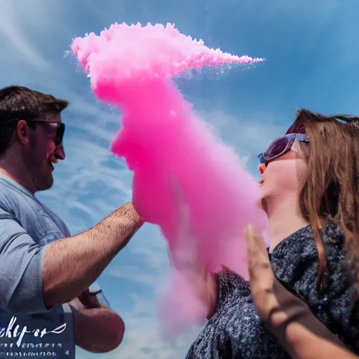 Image similar to photograph of fighter jet gender reveal, dropping pink powder, 50mm, professional photography,