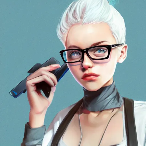 Prompt: concept art of a young hacker girl with white hair and black rimmed glasses. Trending on artstation.