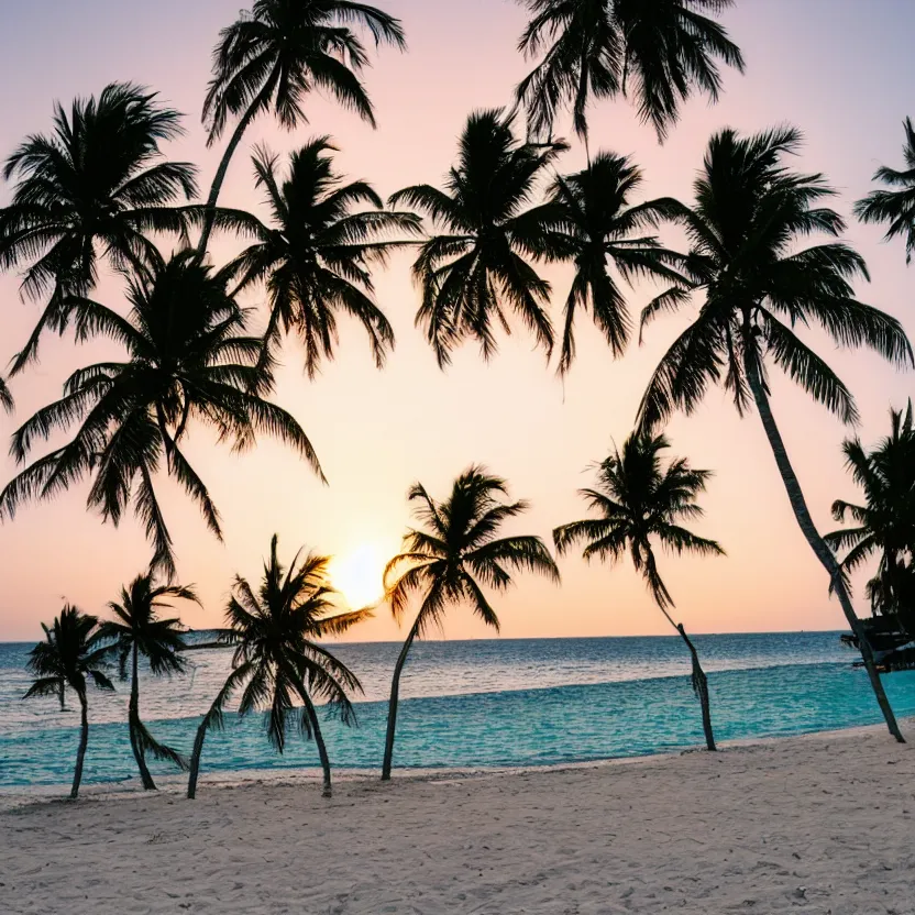 Prompt: sunset on a beach with palmtrees and white sand