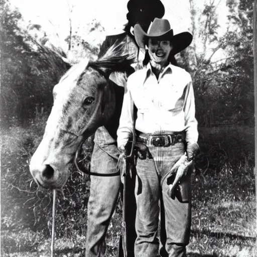 Image similar to a cowboy standing next to a dead girl, the cowboy is smiling.