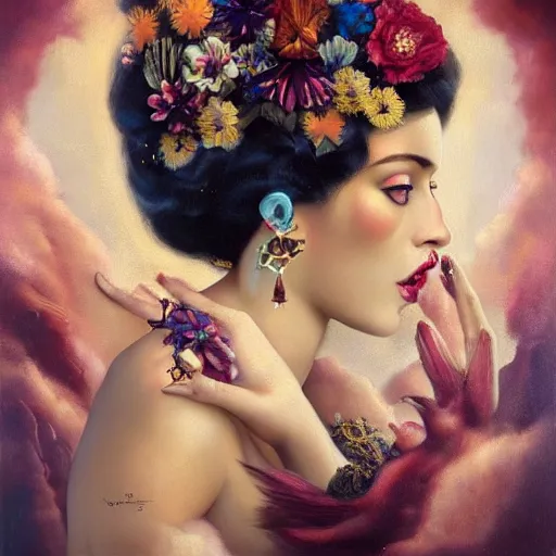 Image similar to dynamic composition, a painting of a woman with hair of flowers and raven plummage wearing ornate earrings, a surrealist painting by tom bagshaw and jacek yerga and tamara de lempicka and jesse king, featured on cgsociety, pop surrealism, surrealist, dramatic lighting, wiccan, pre - raphaelite, ornate gilded details