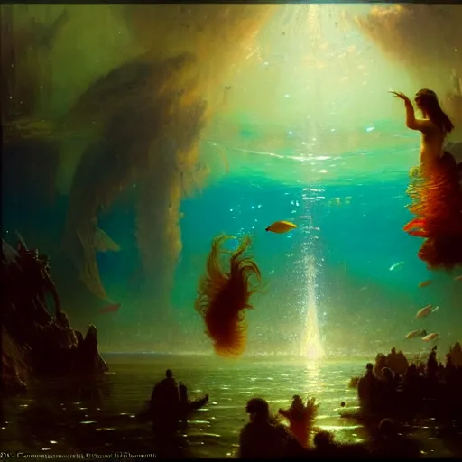 Prompt: i am at the bottom of the ocean looking up, see fishes swimming, see the milk way up above through the water, night time, midnight. highly detailed painting by gaston bussiere, greg rutkowski 8 k