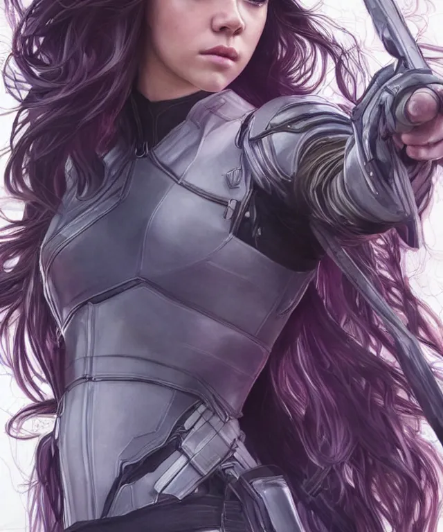 Prompt: Hailee Steinfeld as Kate Bishop and Florence Pugh as Yelena Belova, Marvel, Hawkeye, Black Widow, blush, intricate, face, elegant, purple mist, highly detailed, digital painting, artstation, concept art, matte, sharp focus, illustration, art by Artgerm and Greg Rutkowski and Alphonse Mucha