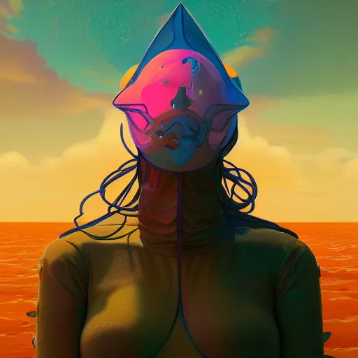 Image similar to colourful breathtakingly weird beautiful powerful magical wonderfully majestic beautifully quirky incredibly cool character by michael whelan, moebius, beeple, dan mcpharlin, pascal blanche, symmetrical, serene expression, magical stormy reflections, smoke on water, sat down, 8 k artstation