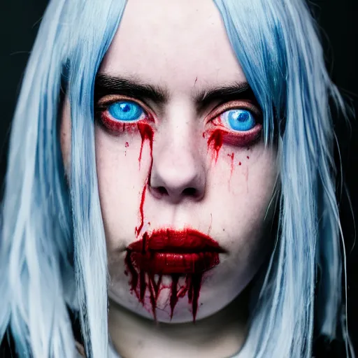 Prompt: Billie Eilish with blood coming from her eyes, XF IQ4, 150MP, 50mm, F1.4, ISO 200, 1/160s, natural light, Adobe Lightroom, photolab, Affinity Photo, PhotoDirector 365