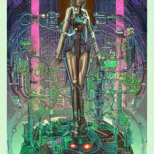 Prompt: the transhuman priestess surrounded by mechanical plants, Dan Mumford, Aaron Diaz